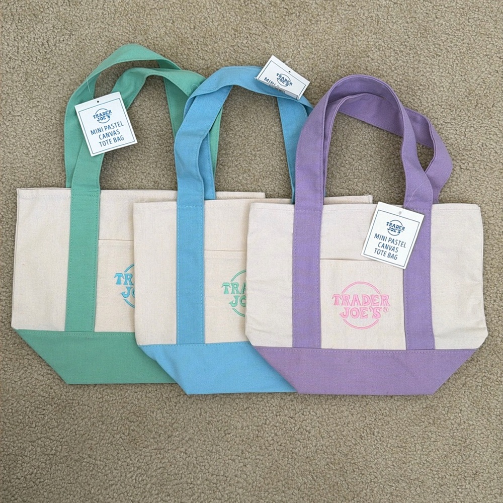Trader Joe’s mini totes in green blue and violet